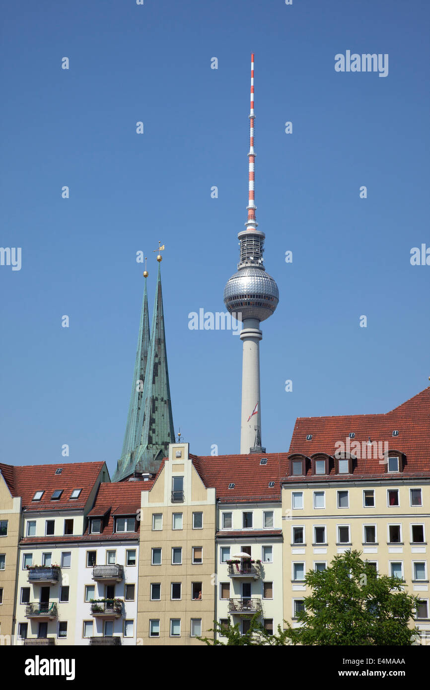 Germany, Berlin, Mitte, Fernsehturm seen from across River Spree. Stock Photo