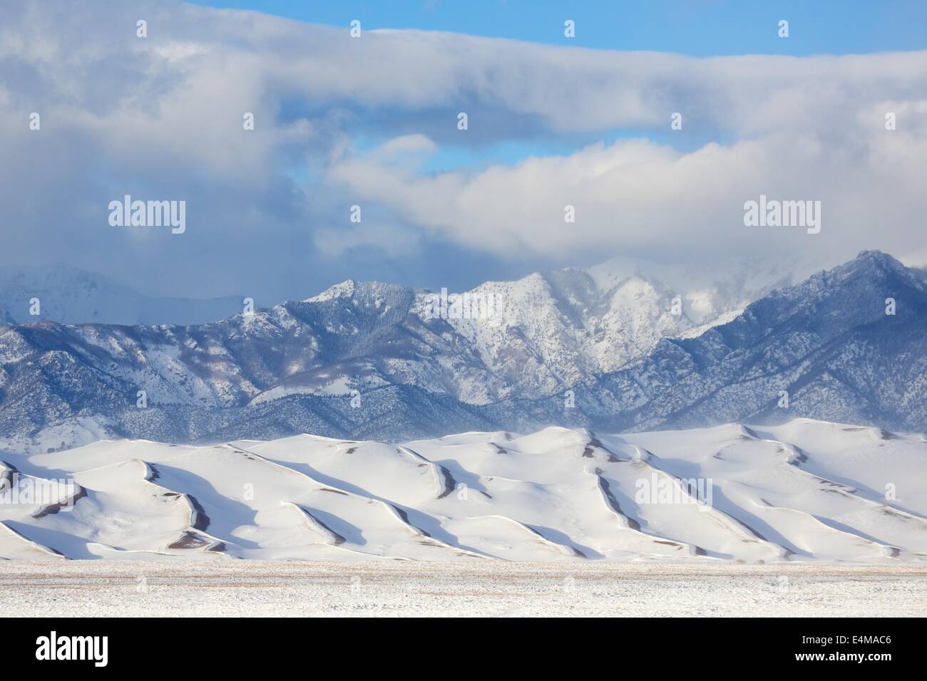 Great Sand Dunes National Park covered in snow in Winter. Stock Photo