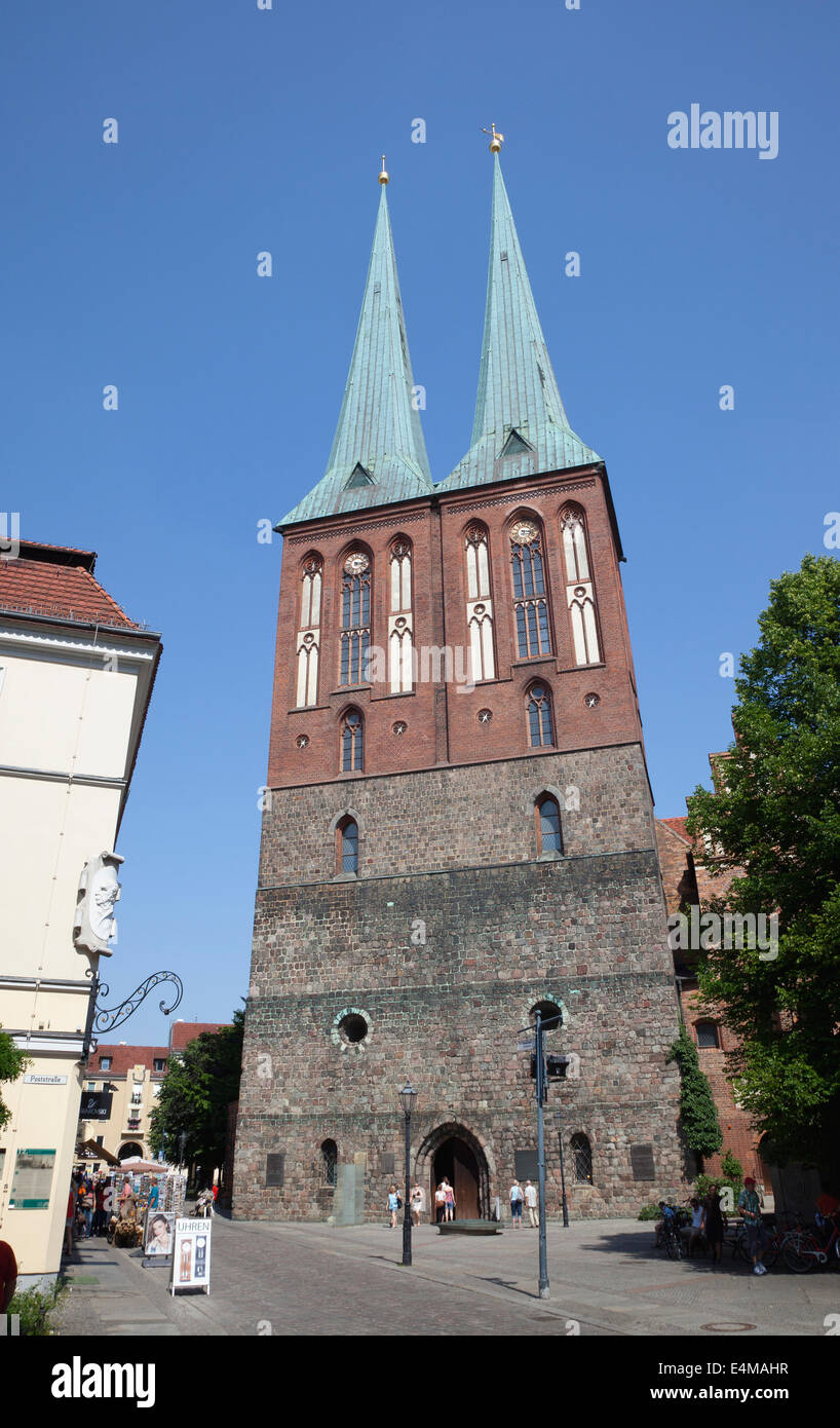 Germany, Berlin, Mitte, Nikolaikirche with twin spires. Stock Photo