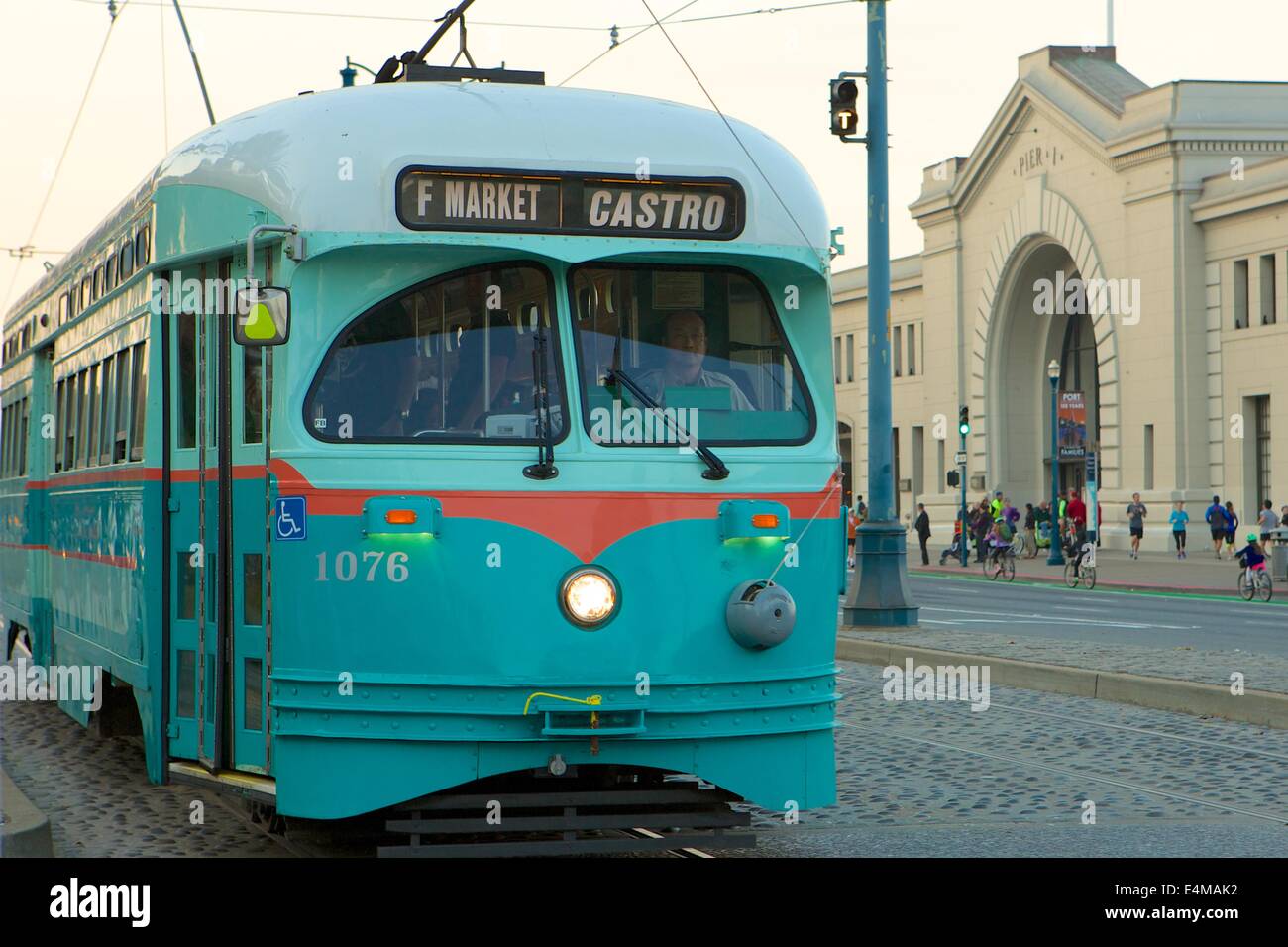 Antique street cars in San Francisco, California along Market Street and the Embarcadero Stock Photo