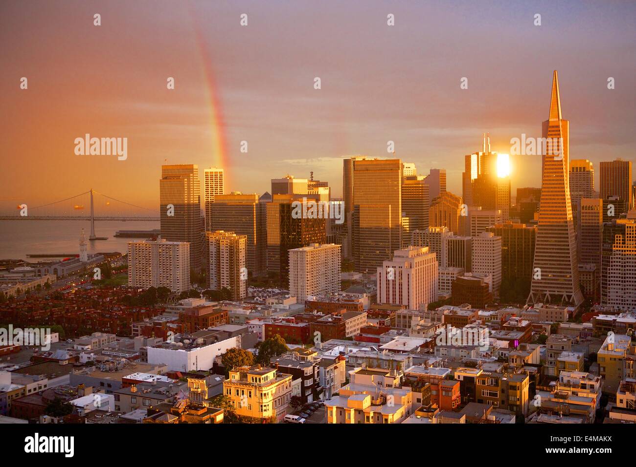 View of a lifetime: a stunning rainbow over San Francisco at sunset from Coit Tower. Stock Photo