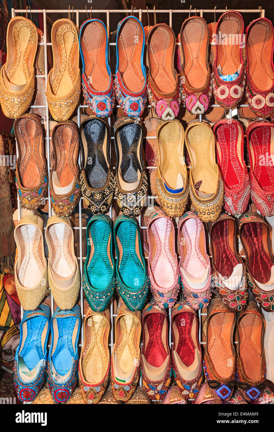 Shoes for sale in the old market (souks) of Dubai, UAE. Stock Photo