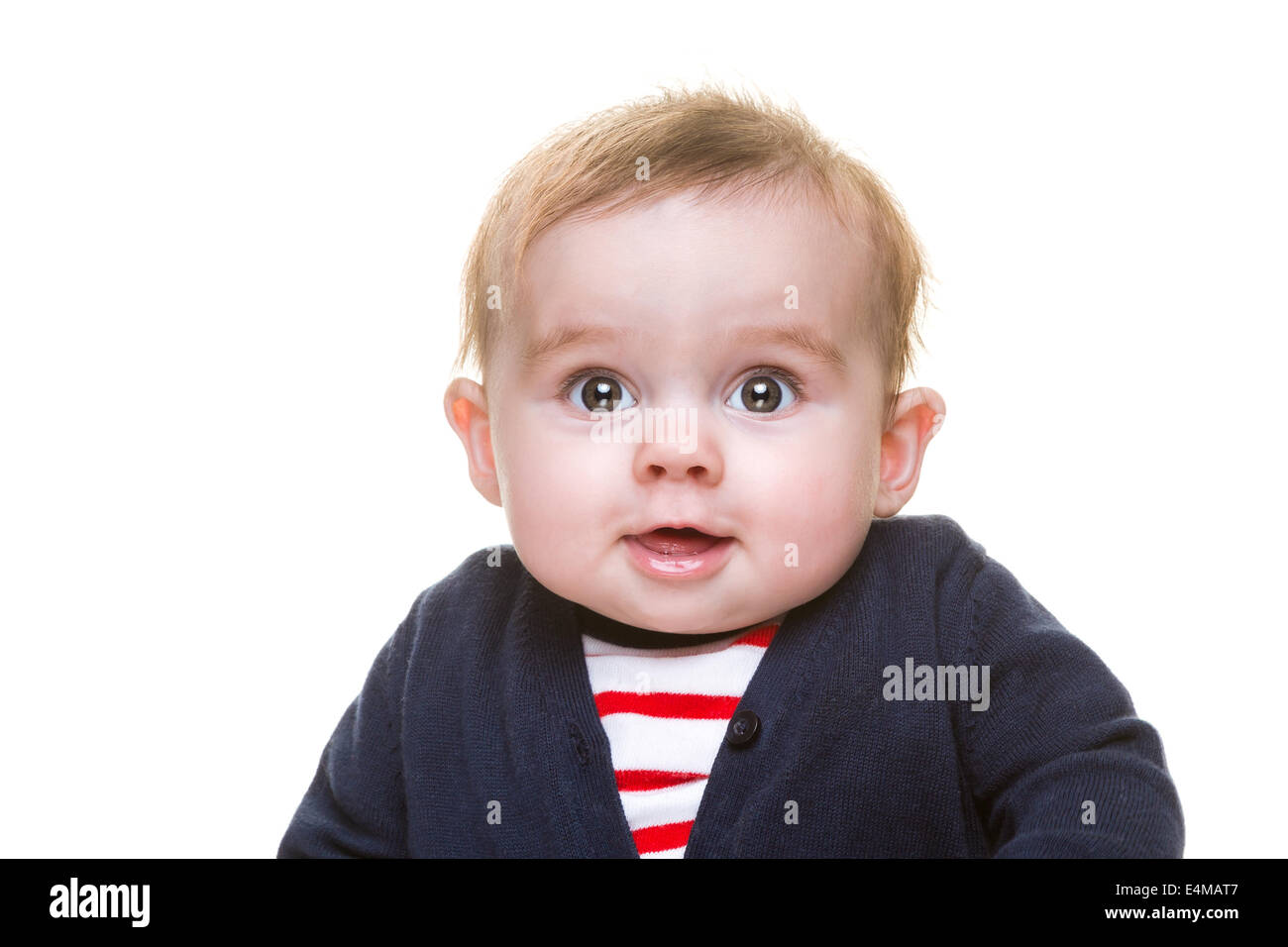 Happy Smiling Baby Girl in Blue Cardigan and Red Striped Top Isolated Stock Photo