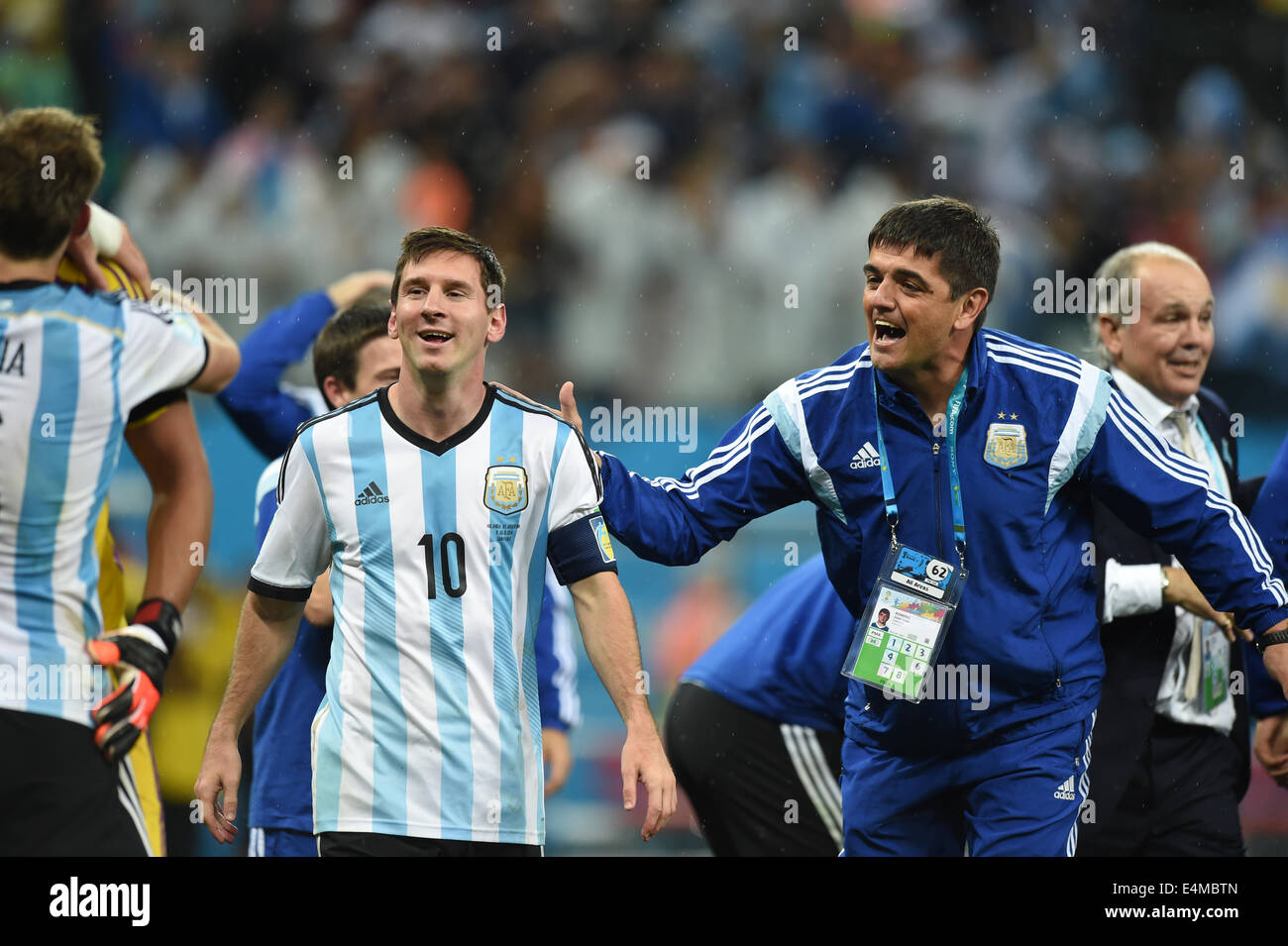 Sao Paulo, Brazil. 9th July, 2014. (L-R) Lionel Messi, Juan Jose Romero (ARG) Football/Soccer : Lionel Messi of Argentina celebrates with goalkeeper coach Juan Jose Romero after winning the FIFA World Cup Brazil 2014 Semi-finals match between Netherlands 0(2-4)0 Argentina at Arena de Sao Paulo in Sao Paulo, Brazil . © FAR EAST PRESS/AFLO/Alamy Live News Stock Photo