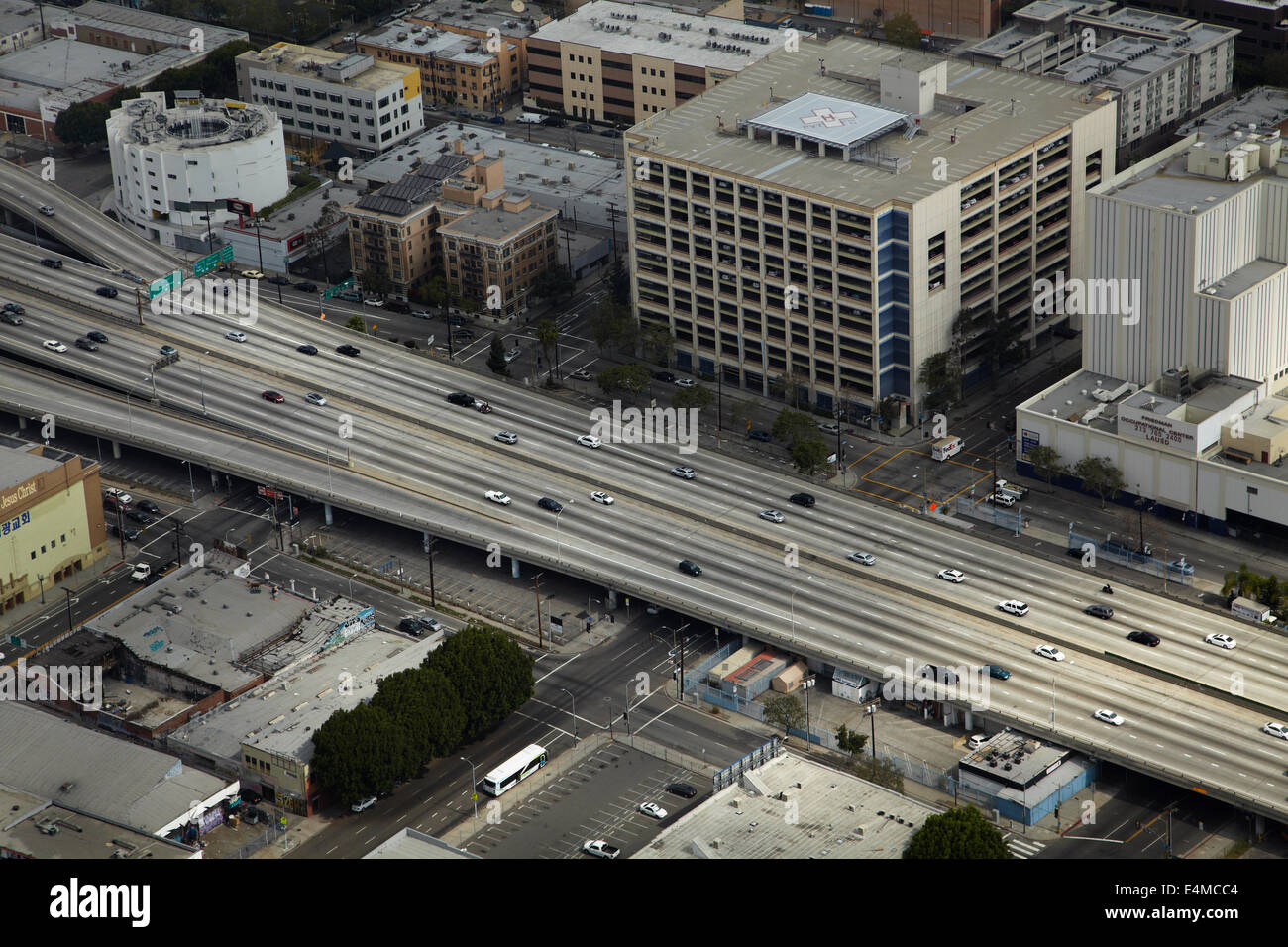 Santa Monica Freeeway, Interstate 10 (I-10), near Downtown Los Angeles, California, USA - aerial Stock Photo