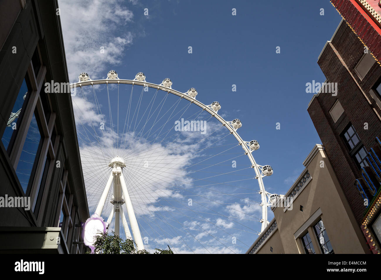Looking up at the Las Vegas High Roller Observation Ferris Wheel Ride, from the LINQ Shopping Mall, Caesar's World, The Strip, L Stock Photo