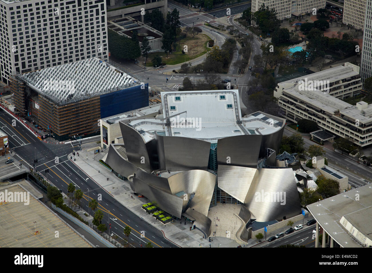 Walt Disney Concert Hall, Downtown Los Angeles, California, USA - aerial Stock Photo