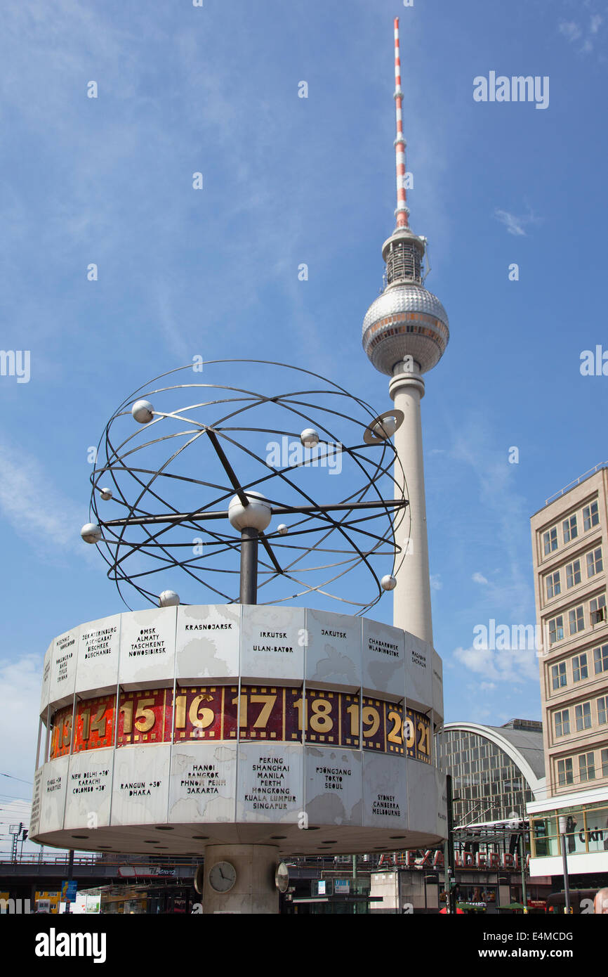 Germany, Berlin, Mitte, Alexanderplatz, the World Clock with Fernsehturm TV Tower behind. Stock Photo