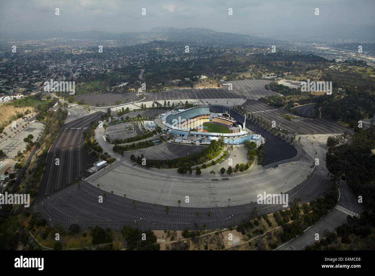 Car parks and Dodger Stadium, home of the Los Angeles Dodgers baseball team, Los Angeles, California, USA - aerial Stock Photo