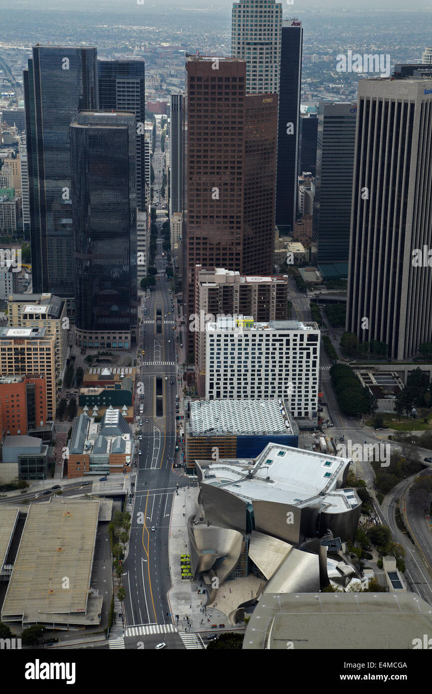 South Grand Avenue, Walt Disney Concert Hall, and Downtown Los Angeles, California, USA - aerial Stock Photo