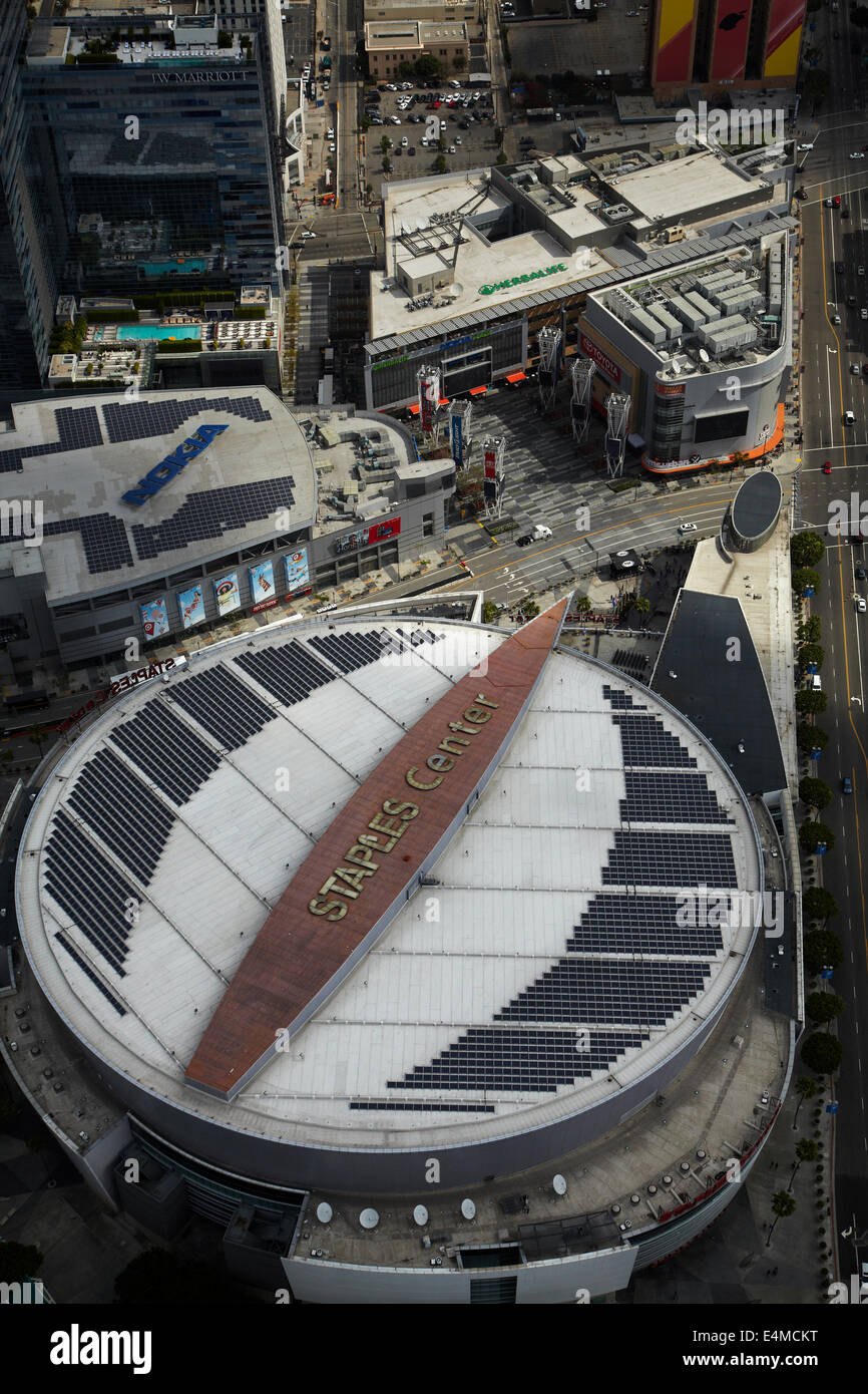 Staples Centre and Nokia Plaza, Downtown Los Angeles, California, USA - aerial Stock Photo