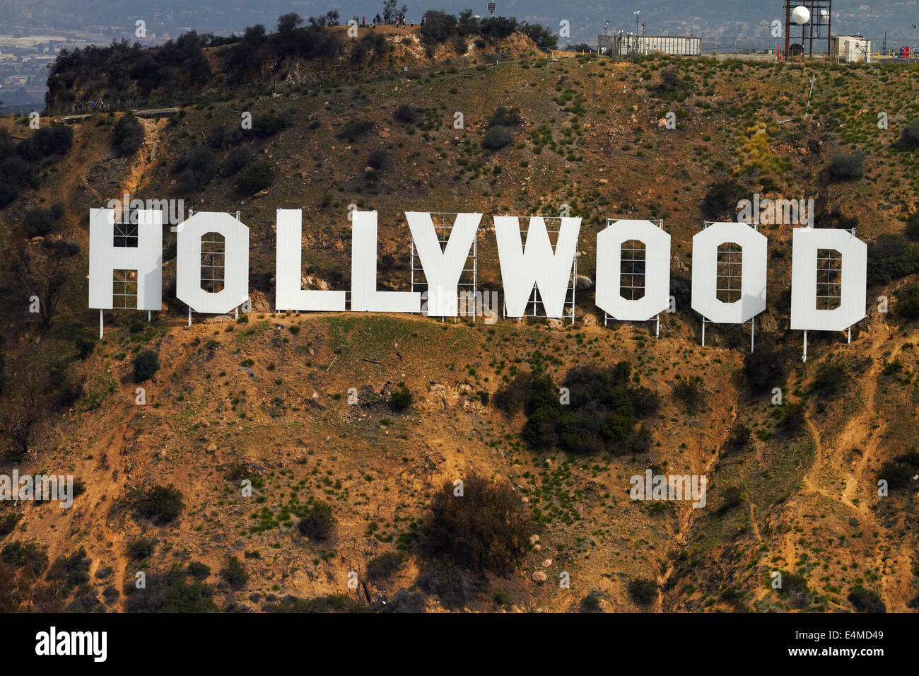 The Hollywood Sign, Mount Lee, Hollywood Hills, Hollywood, Los Angeles, California, USA - aerial Stock Photo