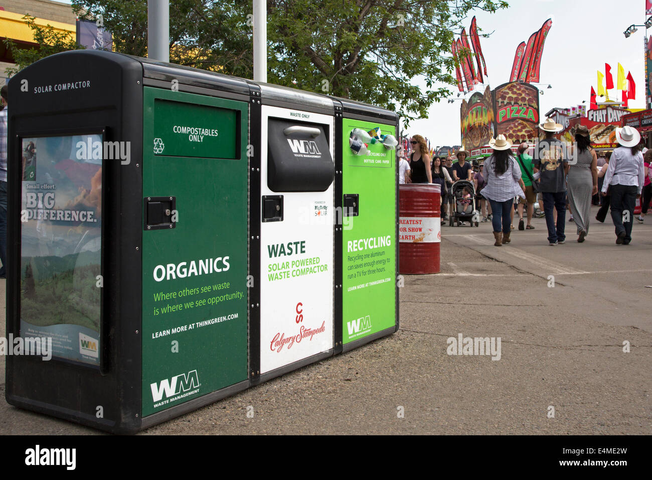 Recycle, waste and organics disposal bins on Calgary Stampede Grounds