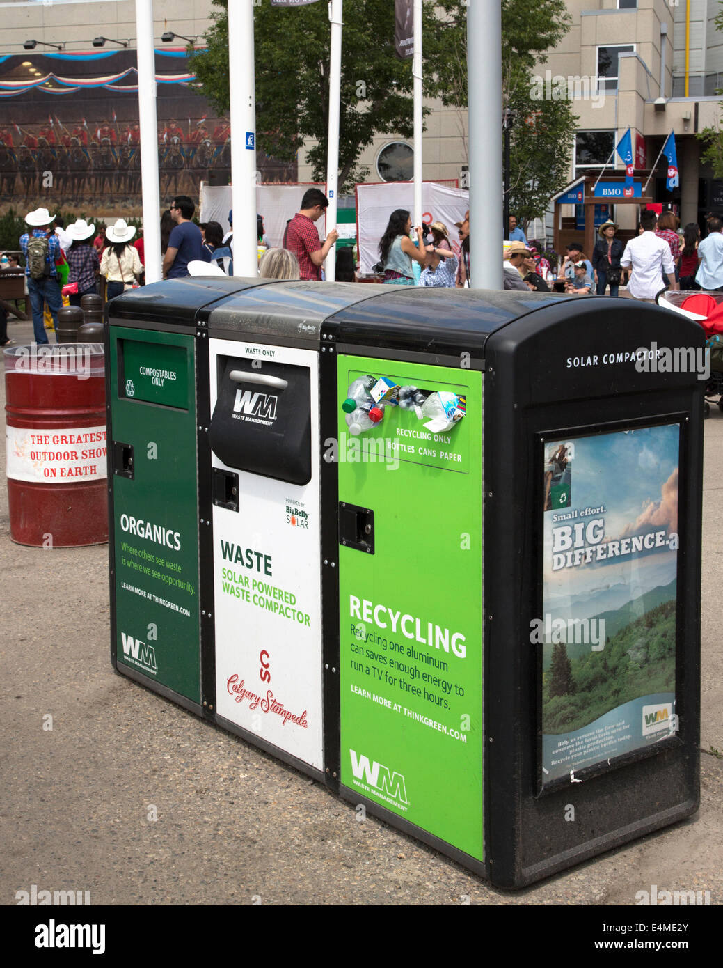 Recycle, waste and organics disposal bins on Calgary Stampede Grounds