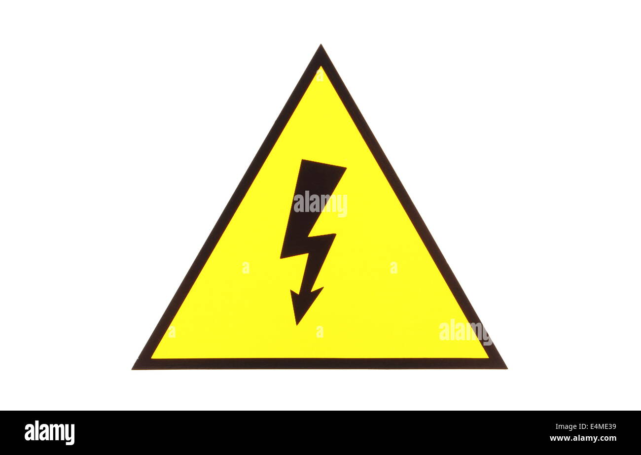 High voltage hazard, high voltage danger sign, electrical symbol, black thunder on yellow triangle Stock Photo