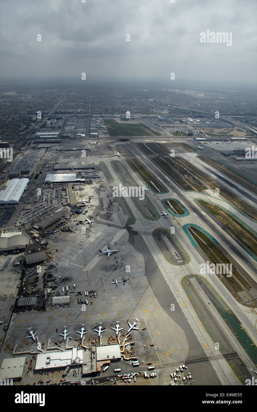 Runways at Los Angeles International Airport (LAX), Los Angeles, California, USA - aerial Stock Photo