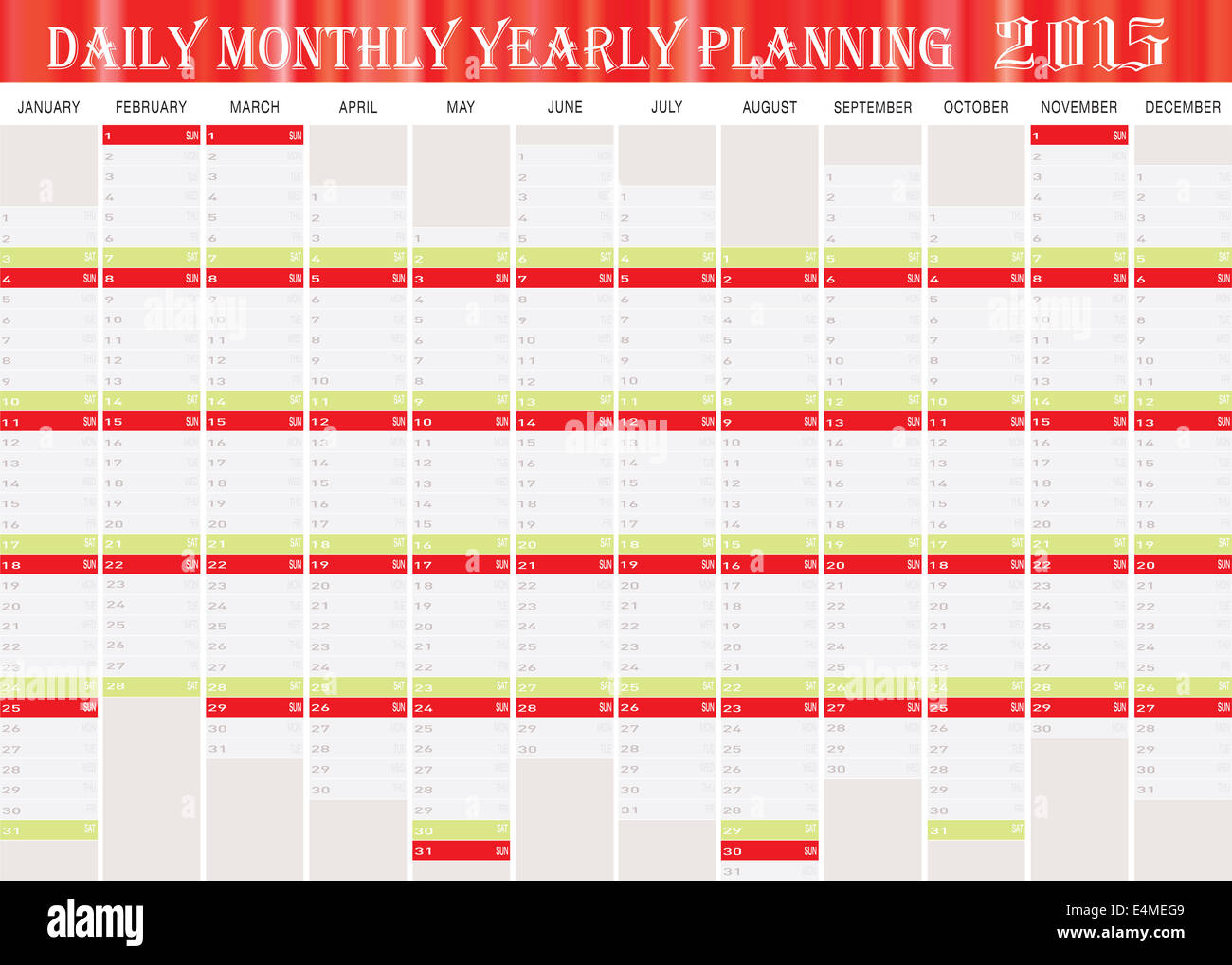 Vector of Daily Monthly Yearly Planning Chart Year 2015. Stock Photo