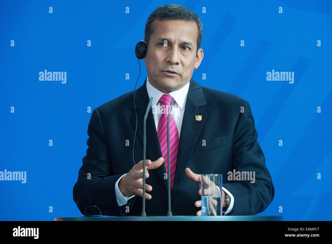Berlin, Germany. 14th July, 2014. Peruvian President Ollanta Humala Tasso attends a press conference at the German chancellery in Berlin, Germany, 14 July 2014. Tasso is on a state visit in Germany. Photo: Maurizio Gambarini/dpa/Alamy Live News Stock Photo
