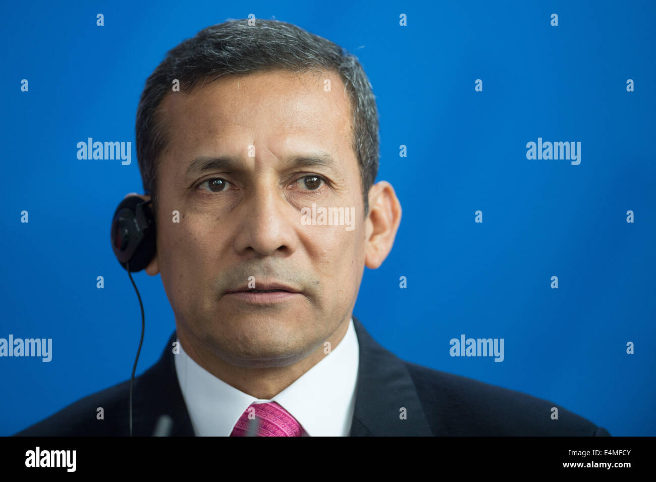 Berlin, Germany. 14th July, 2014. Peruvian President Ollanta Humala Tasso attends a press conference at the German chancellery in Berlin, Germany, 14 July 2014. Tasso is on a state visit in Germany. Photo: Maurizio Gambarini/dpa/Alamy Live News Stock Photo
