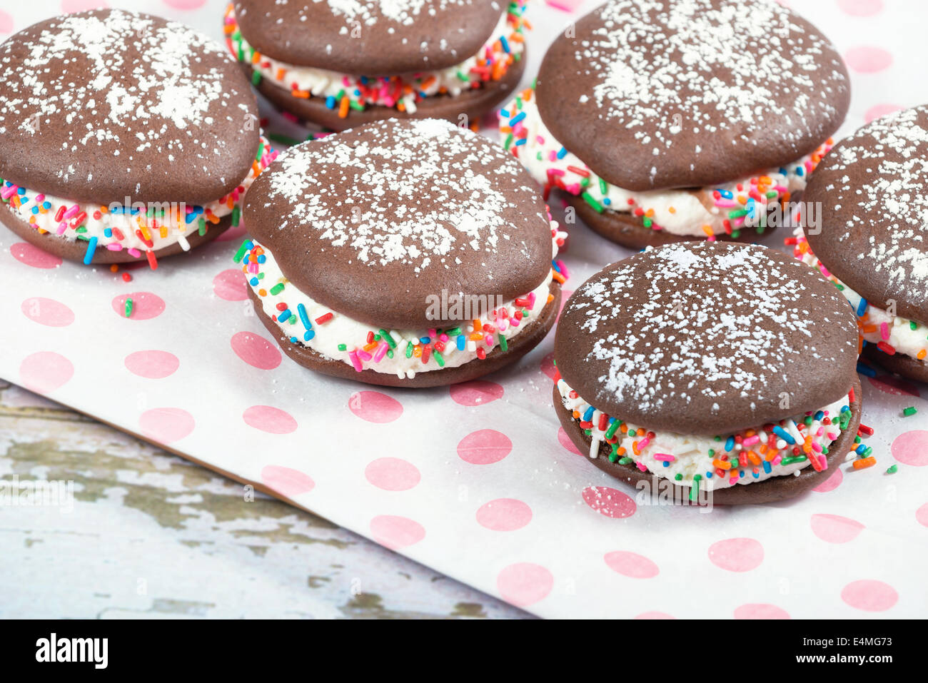 Whoopie Pies Chocolate Cake Desserts Decorated With Sprinkles And Stock Photo Alamy