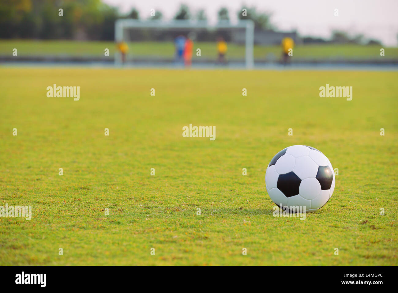 Soccer ball on soccer field Stock Photo