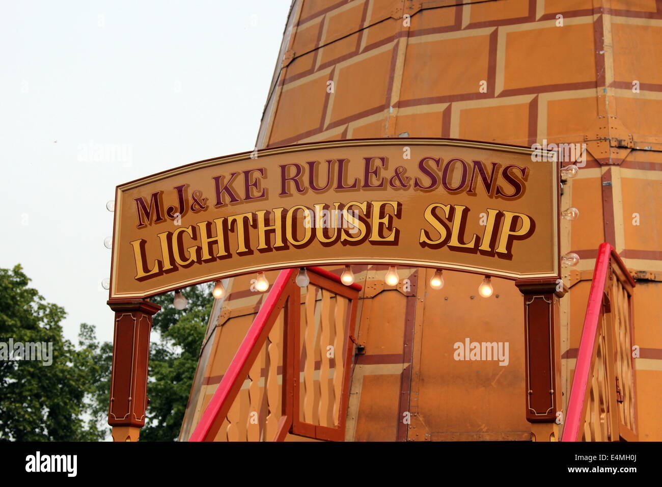 Helter Skelter fairground ride caleed Lighthouse Slip run by MJ and  KE Rule and Sons. Stock Photo