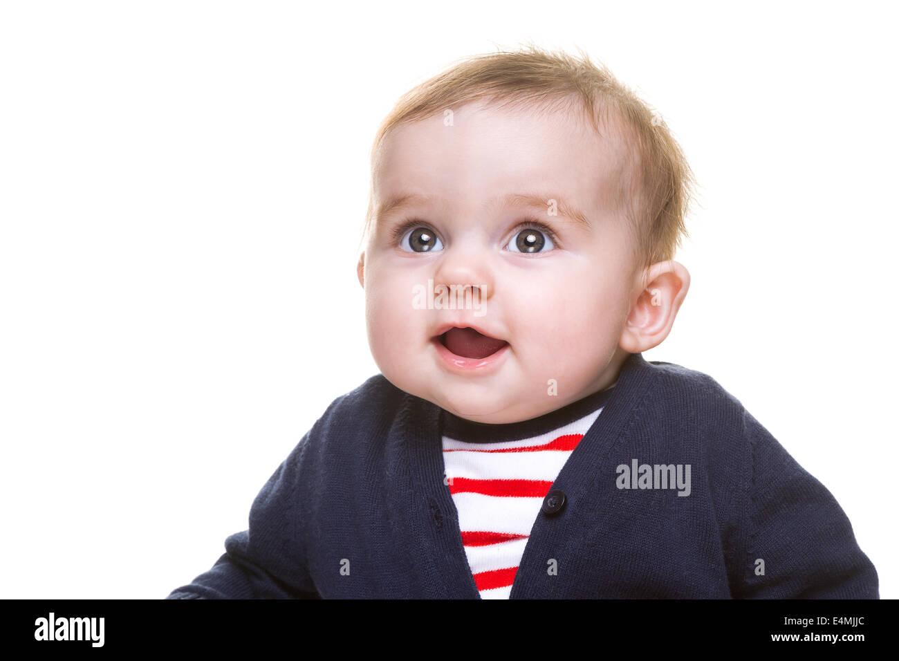 Portrait of Beautiful Happy Baby Girl in Blue White Red Outfit Isolated Stock Photo