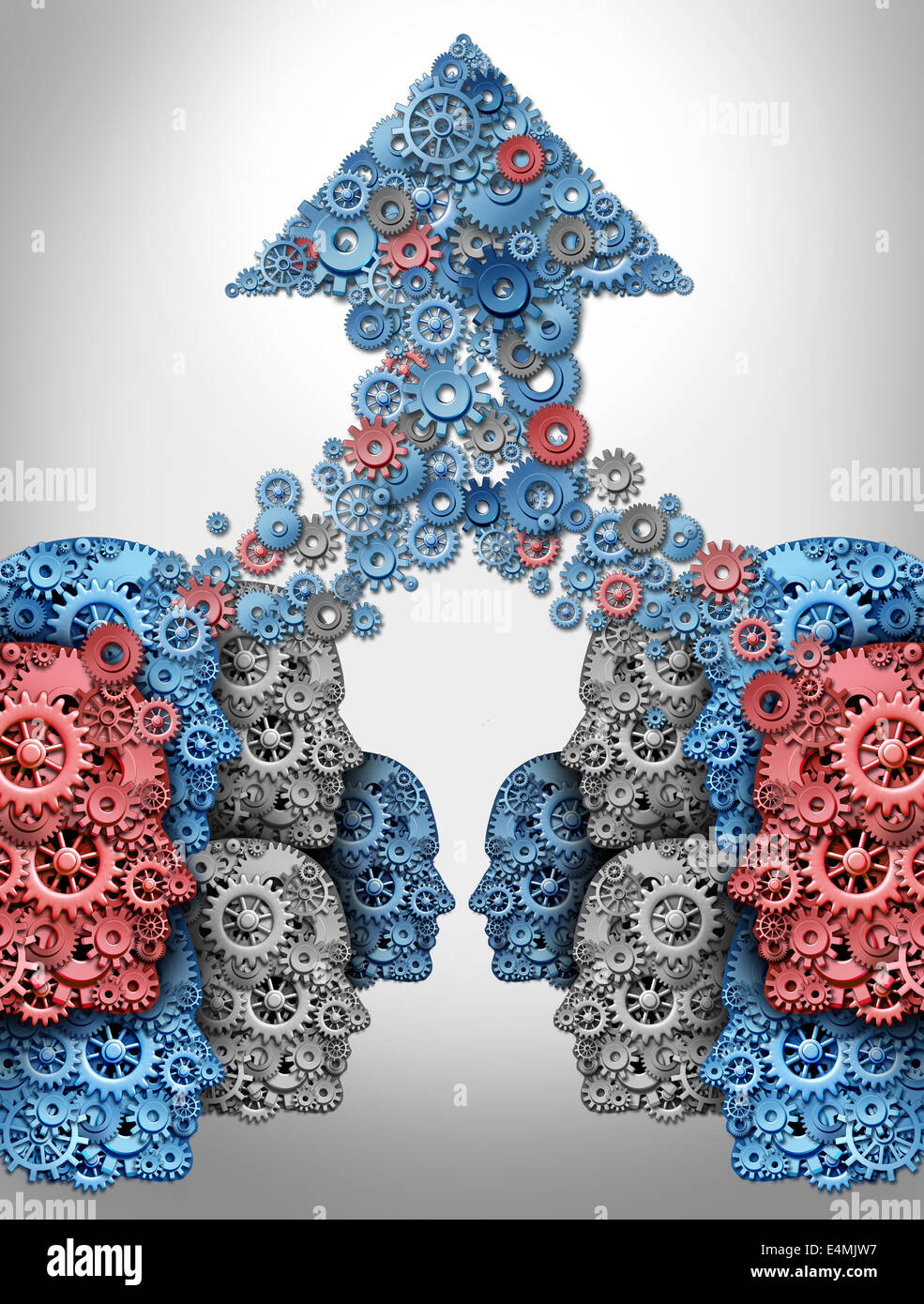 Crowdsourcing technology internet concept and crowdfunding financial symbol as a group of human heads made of machine gears supporting a new business venture with social networking funding cooperation resulting in an upwards arrow for success. Stock Photo