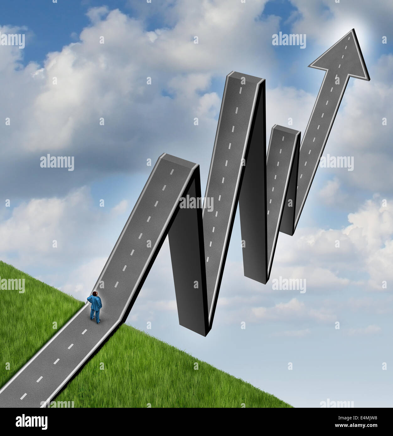 Financial outlook profit road and career aspirations business concept as a businessman standing in front of an arrow path that is shaped as a stock market graph diagram as a symbol of wealth success and finance forecasting. Stock Photo