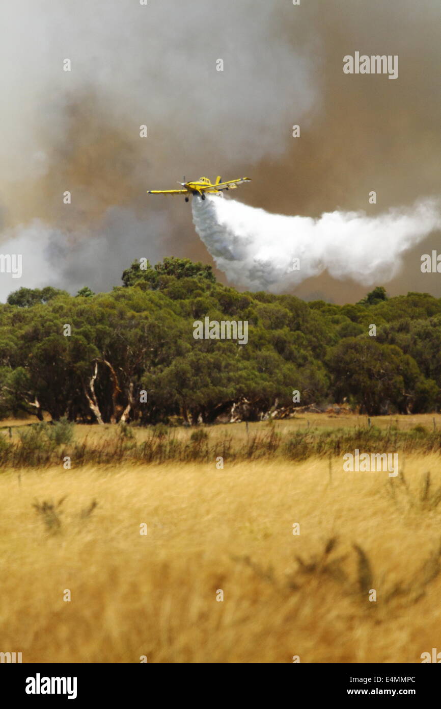 Aerial fire fighting a bush fire using a crop duster airplane in Banjup, Western Australia. Stock Photo