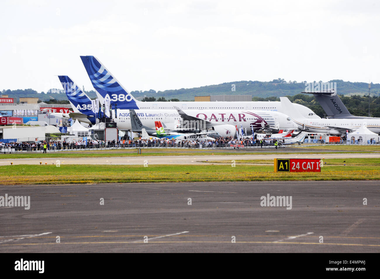 Farnborough, UK. 14th July, 2014. The Airbus A350 and A380 viewed from 'air side' at the Farnborough International Airshow 2014,  Farnborough, UK. 14th July, 2014 Credit:  Martin Brayley/Alamy Live News Stock Photo