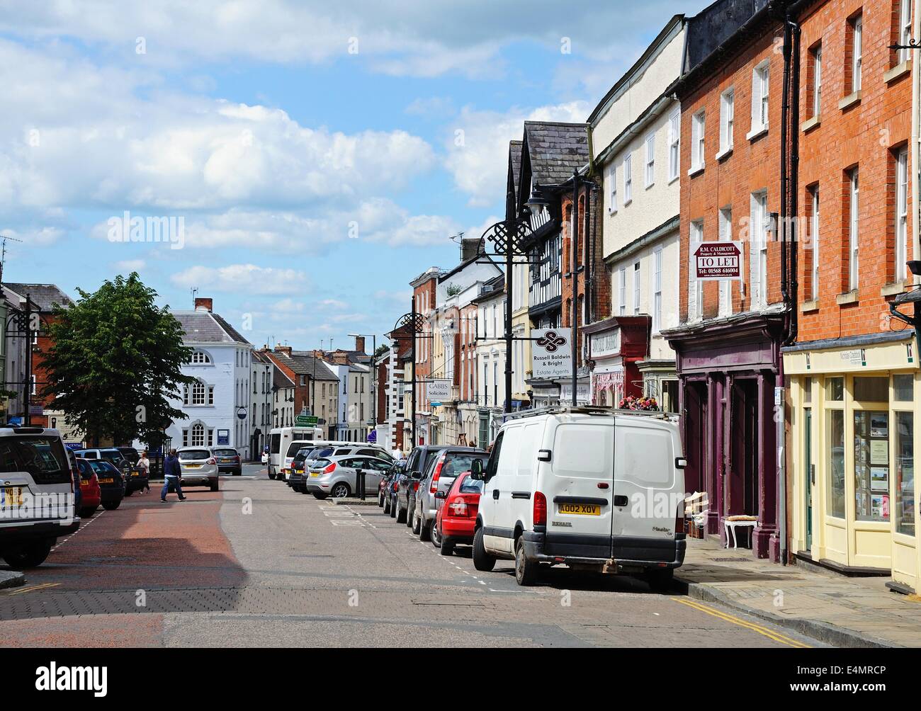 View of the shops along Broad Street, Leominster, Herefordshire