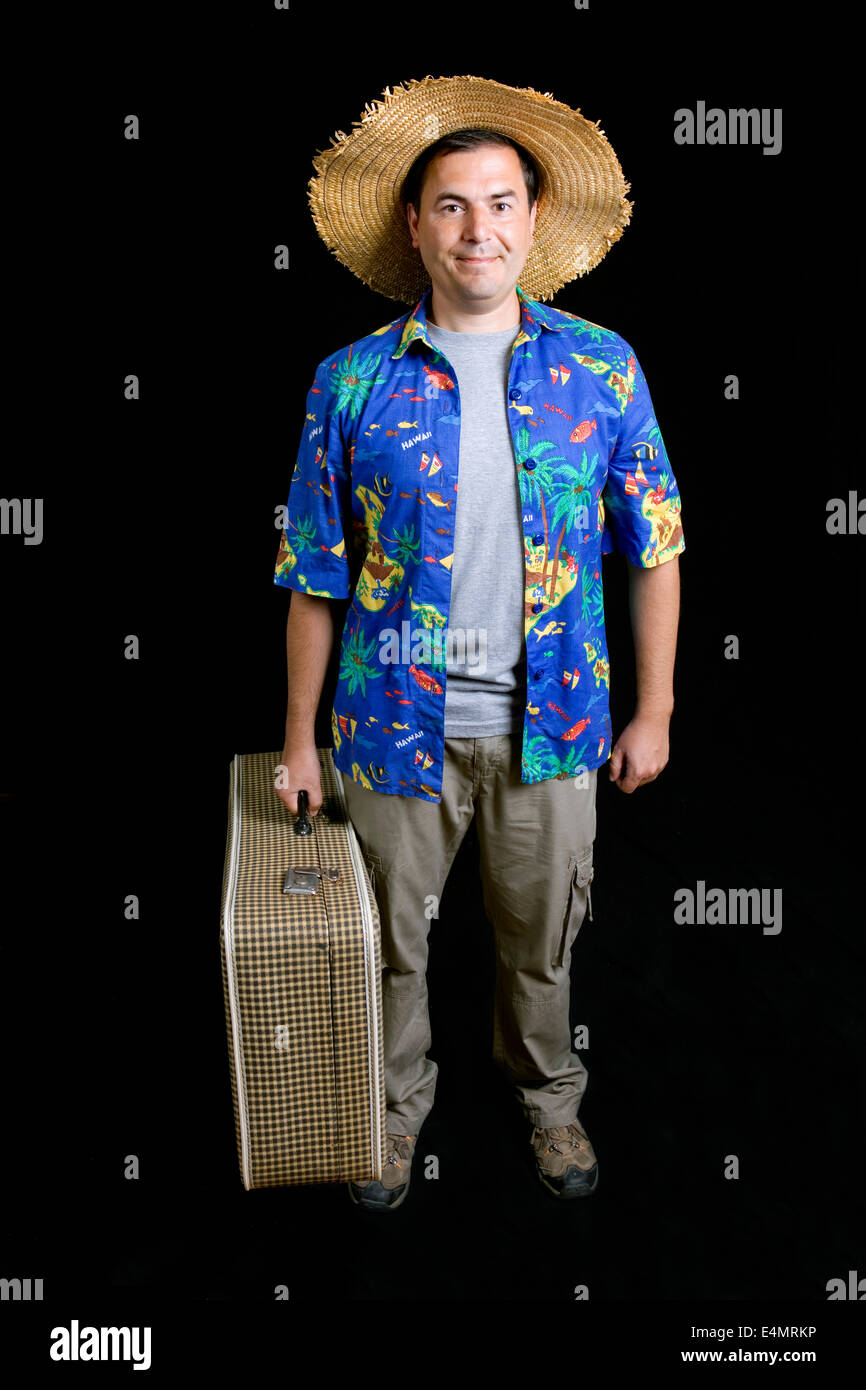 young silly man traveler, full body, in a black background Stock Photo ...