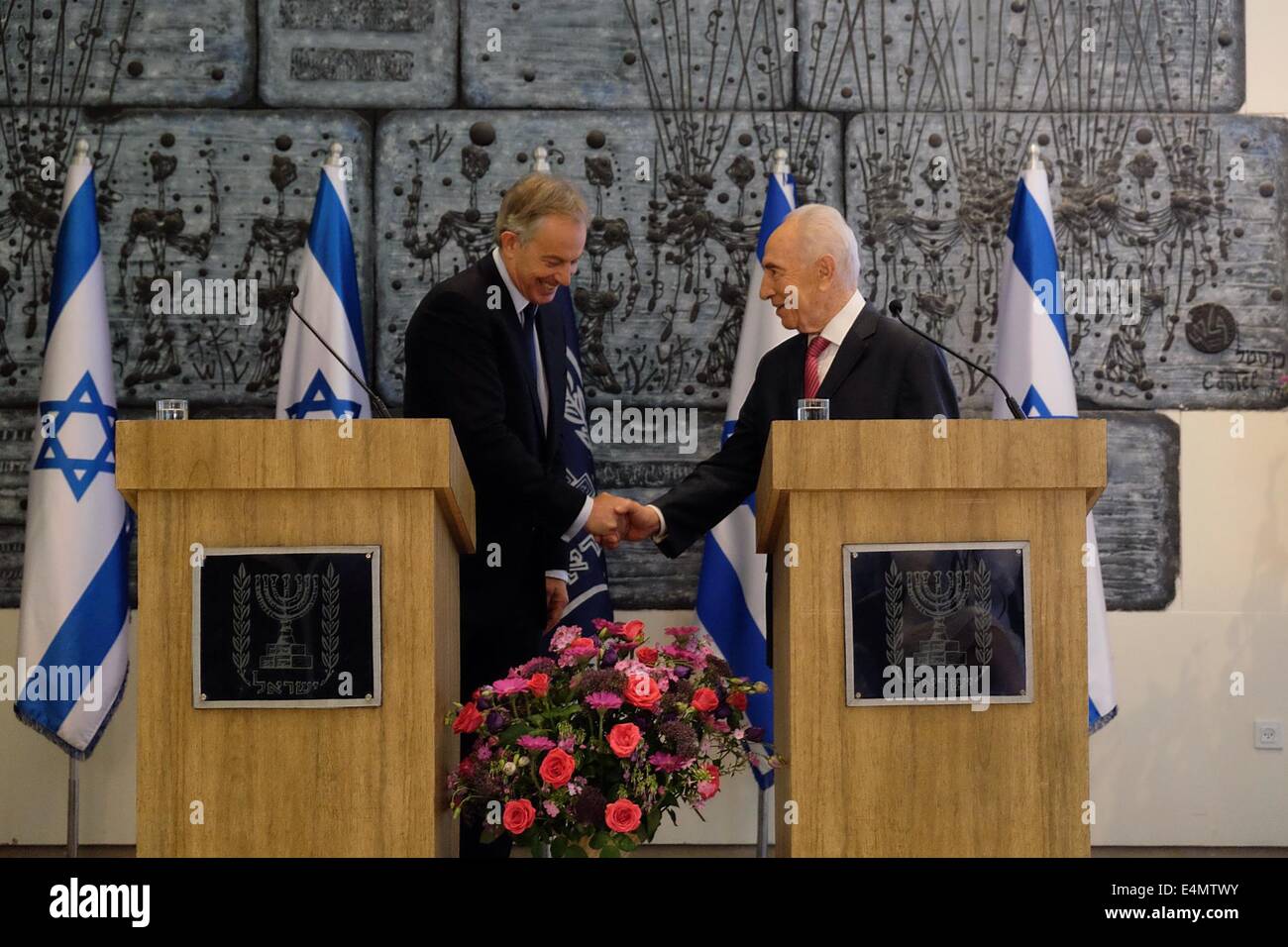 Jerusalem, Israel. 15th July, 2014. President of the State of Israel, SHIMON PERES, hosts International Quartet Special Envoy, TONY BLAIR, at the President's Residence, for discussions on the current security situation. The Israeli Security Cabinet, this morning, decided to accept the Egyptian proposal for a ceasefire. The military wing of Hamas said it rejects the ceasefire. Credit:  Nir Alon/Alamy Live News Stock Photo