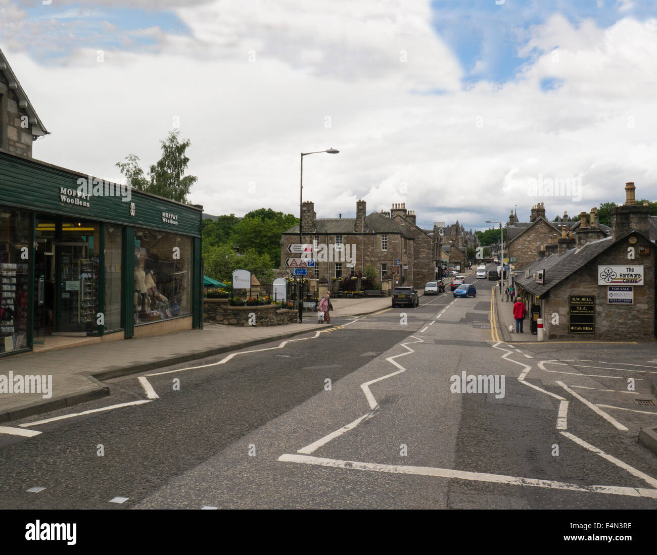 Looking down main street town centre with its Victorian buildings  Pitlochry Perth & Kinross Scotland Stock Photo