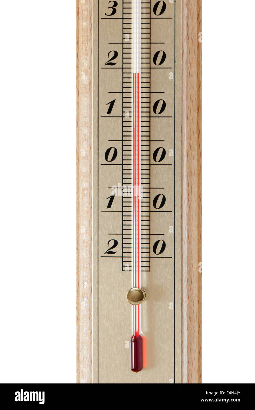 Double scale alcohol thermometer with ambient temperature plus 23 Celsius  or 73 Fahrenheit degrees. Silver plastic vertical air thermometer isolated  Stock Photo - Alamy