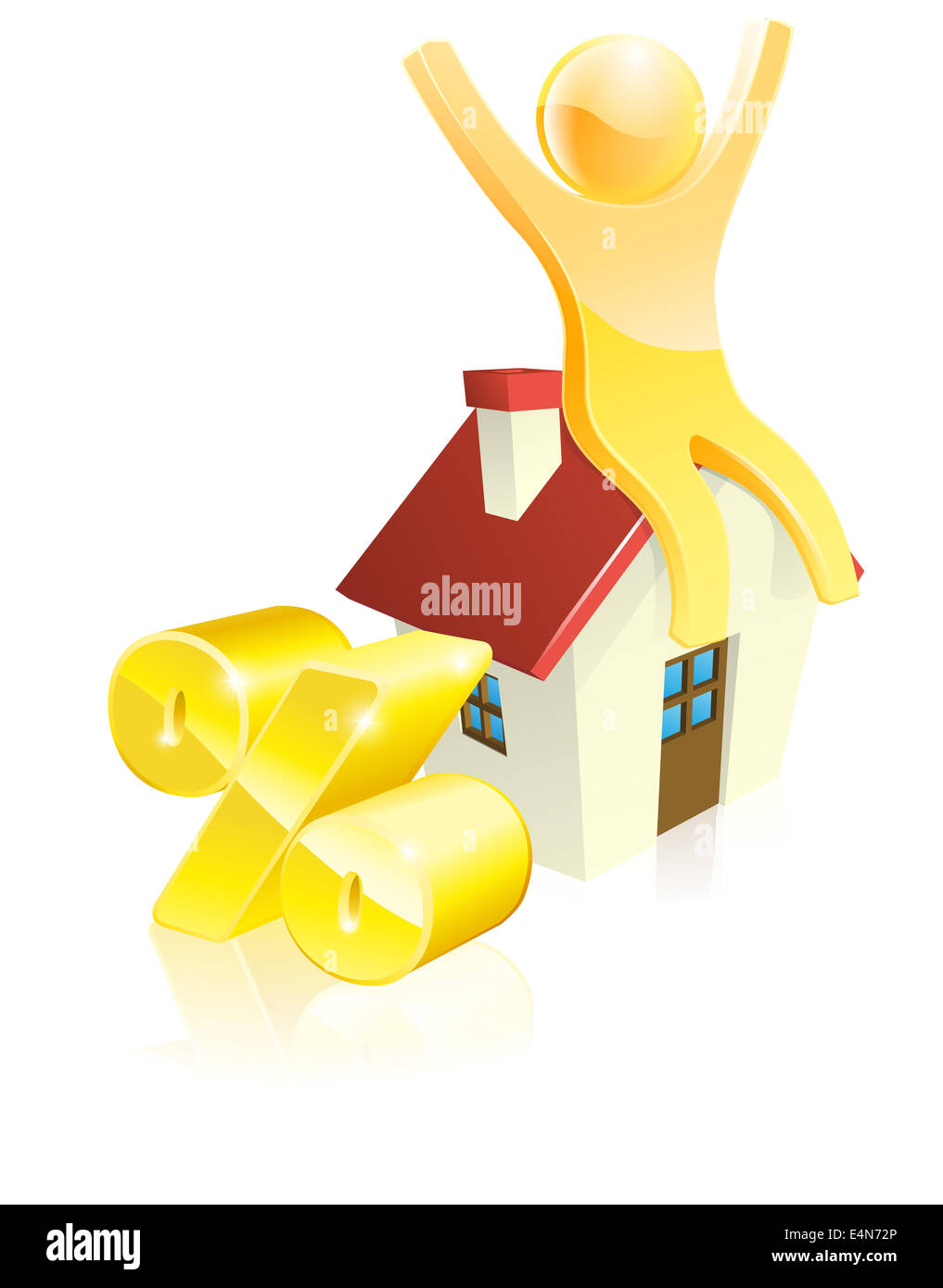 Mascot house percent concept of man sitting on house with arms up and gold percentage sign. Could be concept for many financial Stock Photo