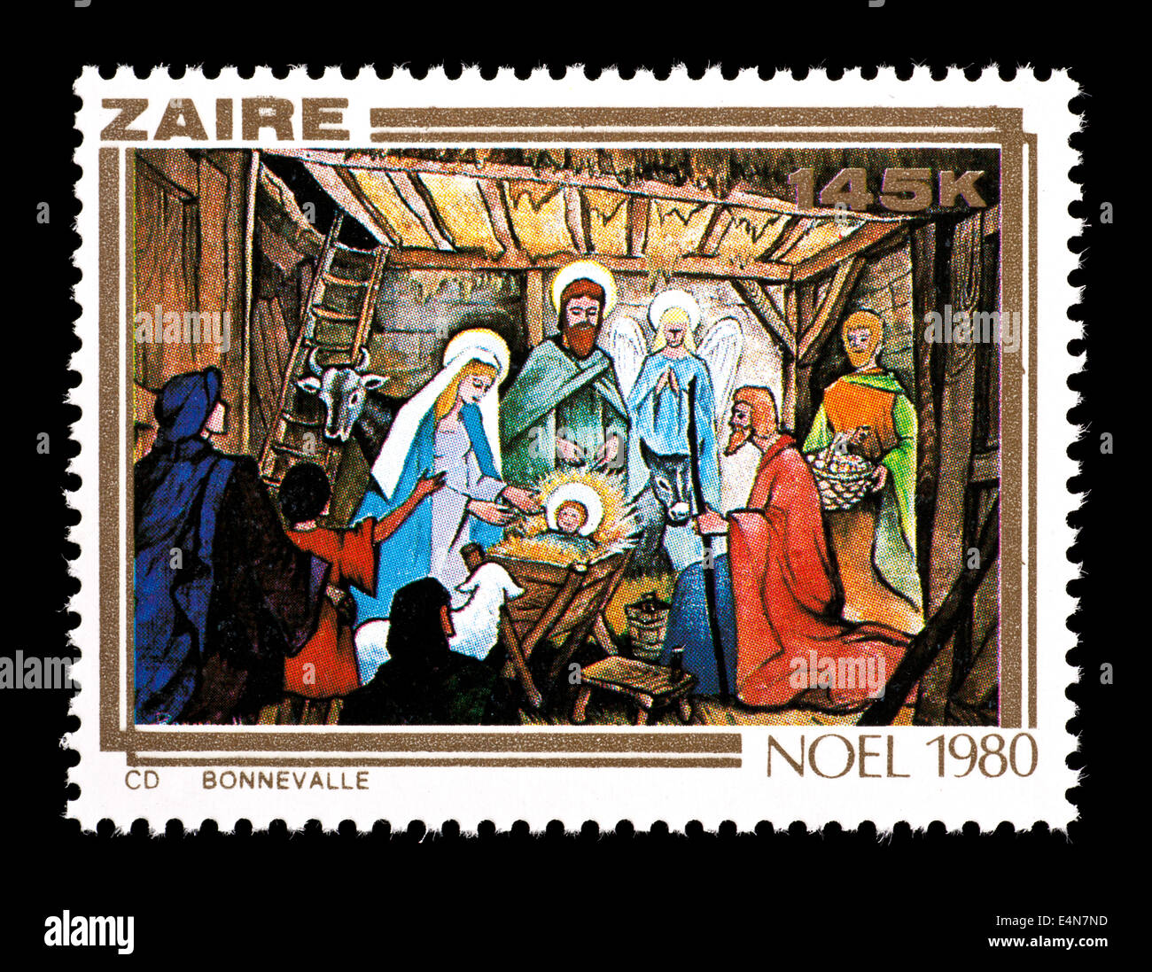 Postage stamp from Zaire depicting a painting of the Nativity (birth of