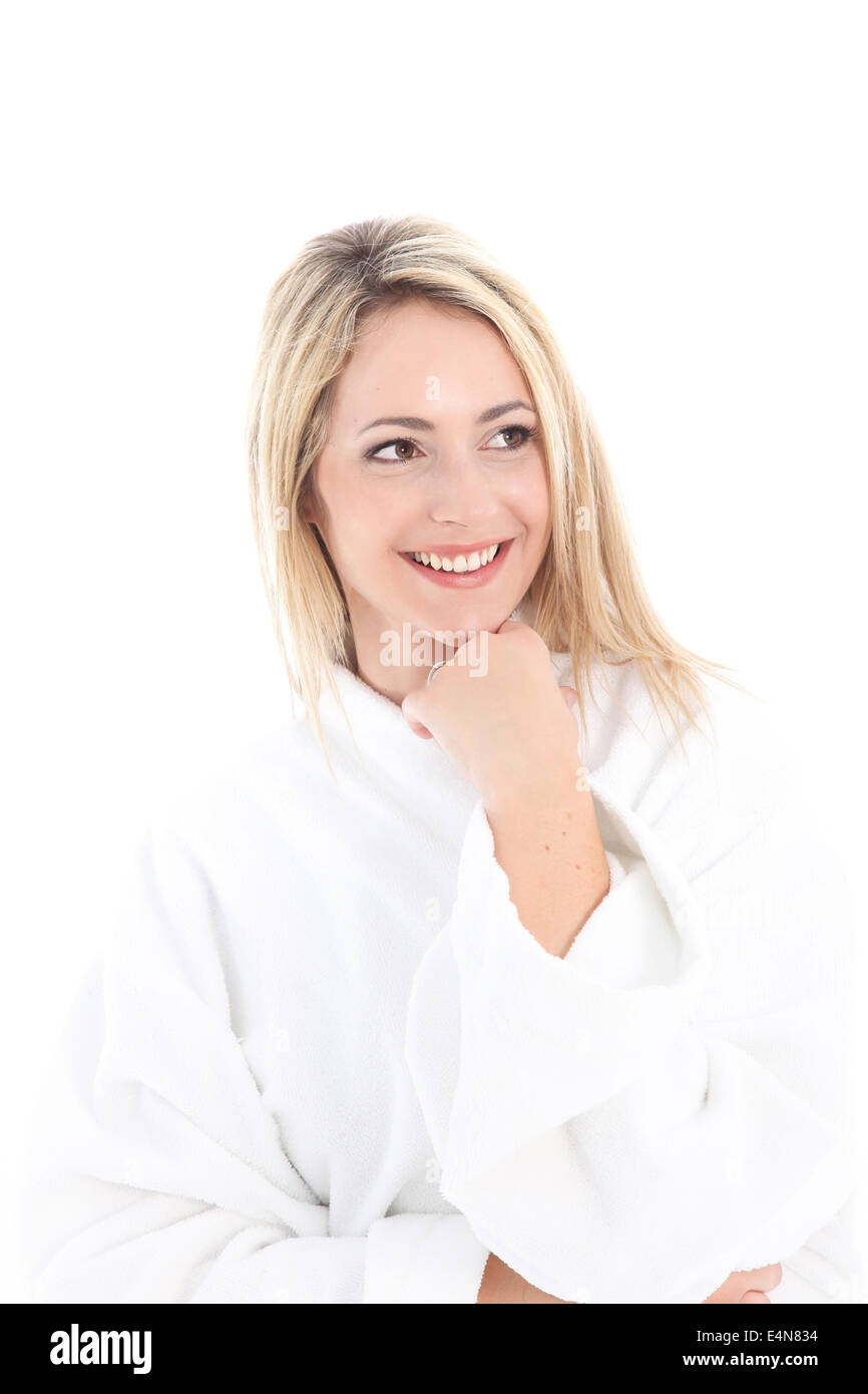 Beautiful woman in towelling bathrobe Stock Photo