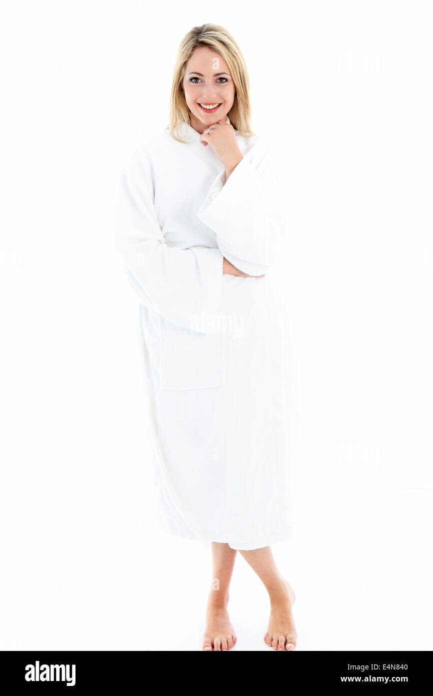 Attractive woman in bath robe Stock Photo - Alamy