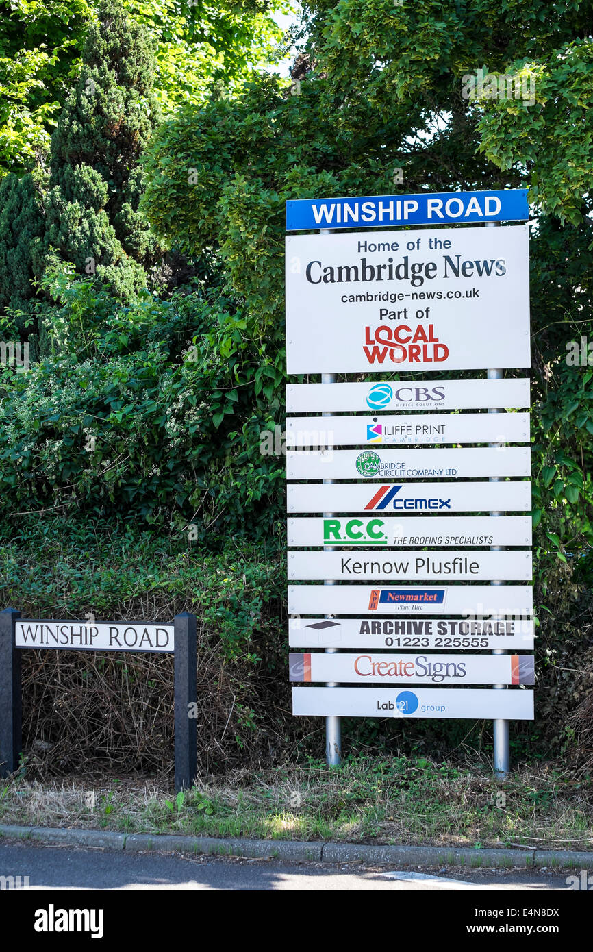 Advertising board at entrance to small industrial estate Winship Road Milton Stock Photo