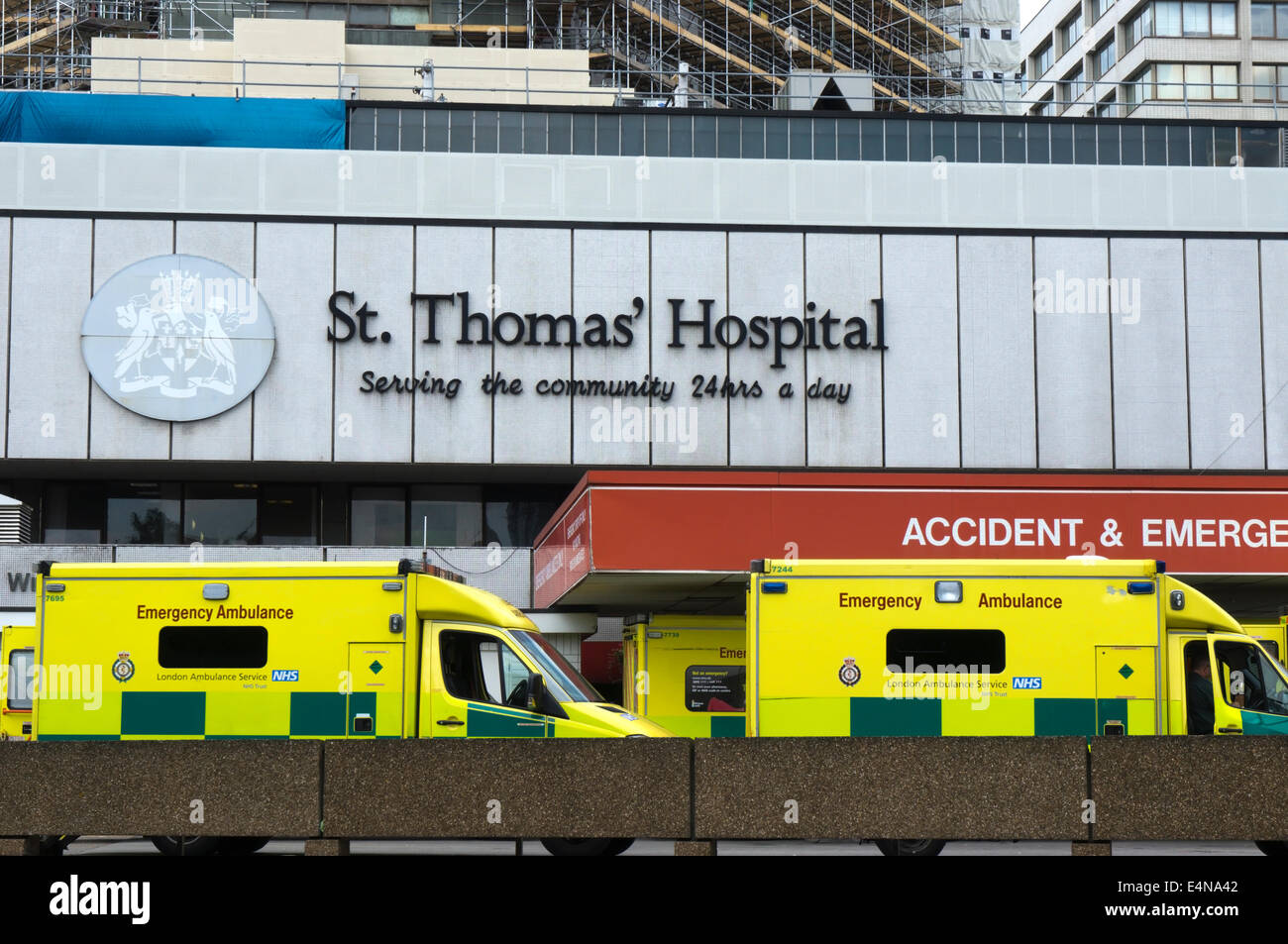 Ambulances parked outside the Accident & Emergency entrance to St Thomas' Hospital at Waterloo, London. Stock Photo