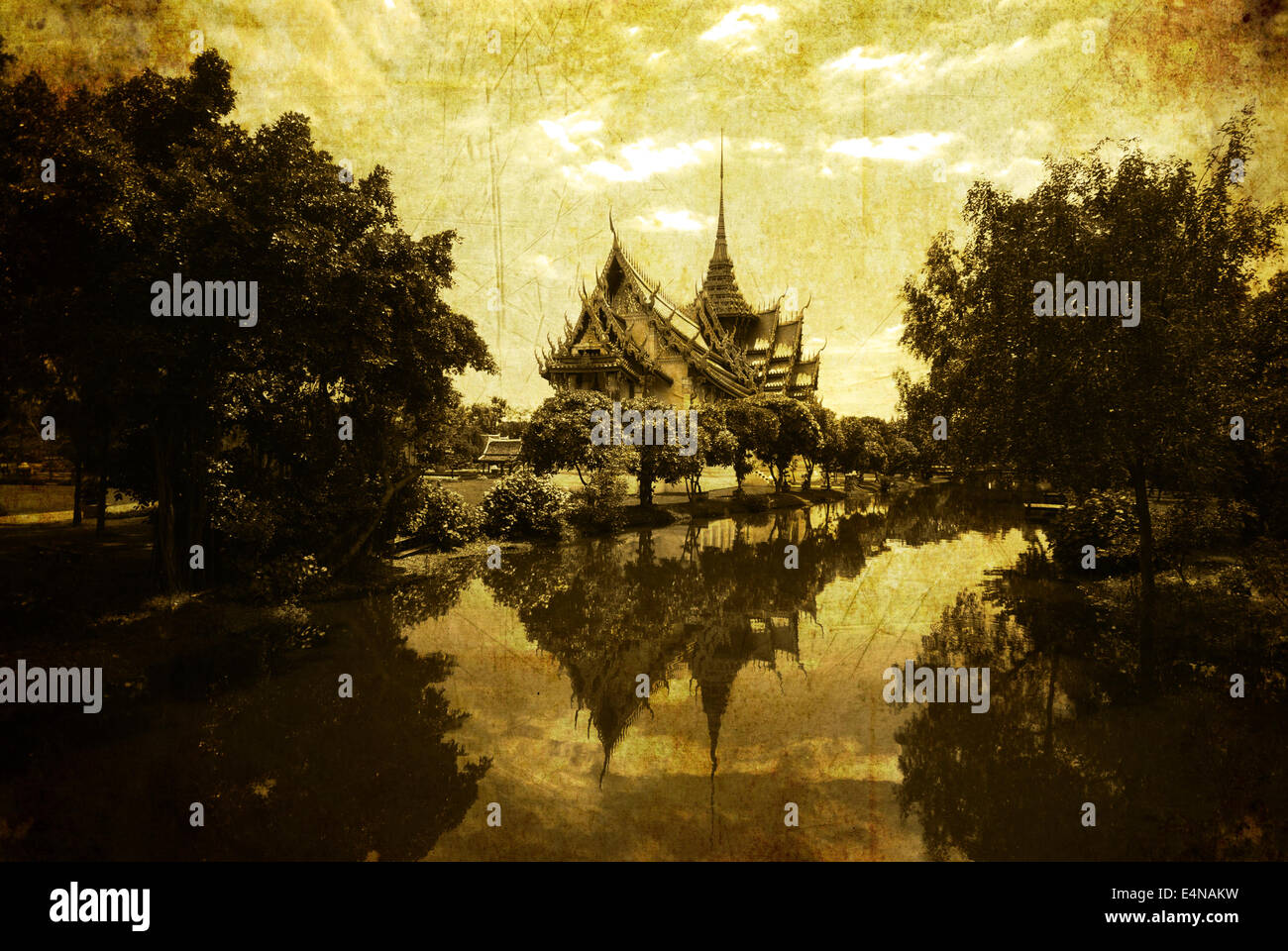 Vintage postcard with Thai style temple Stock Photo
