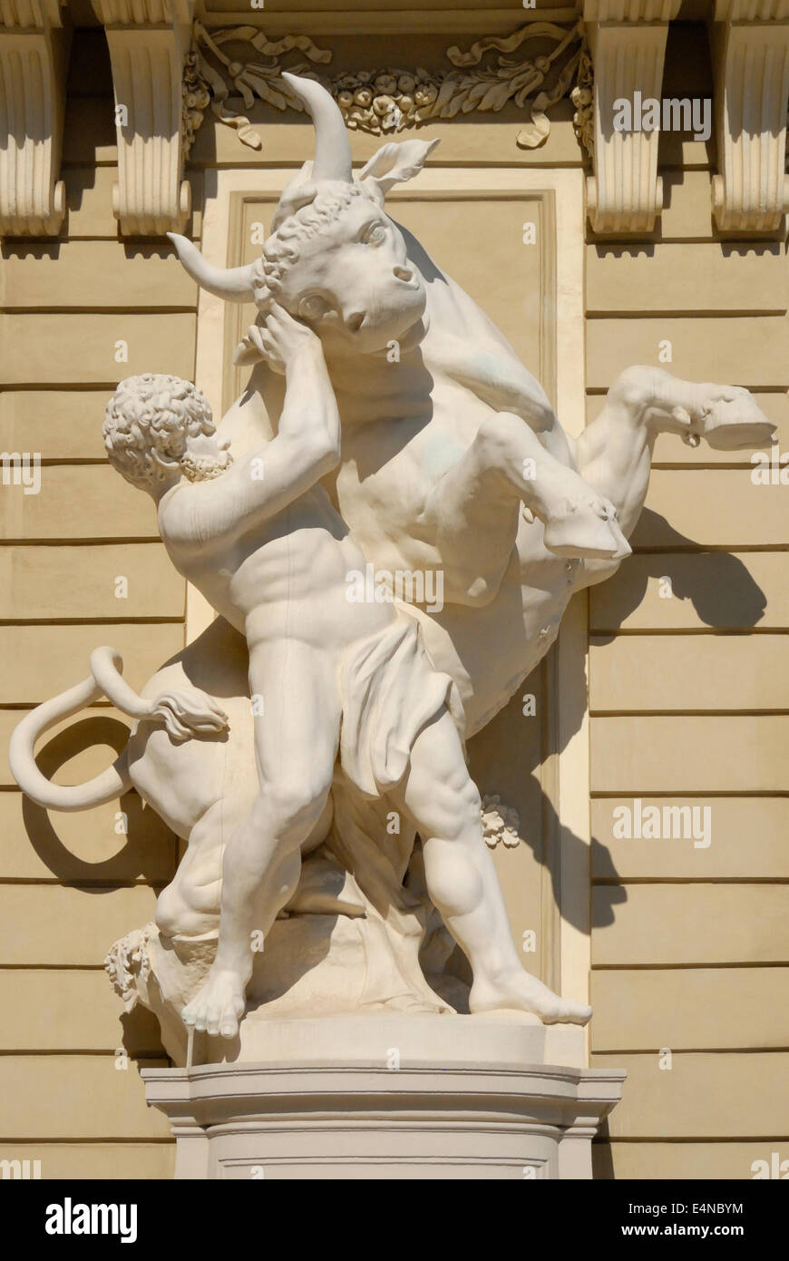 Austria, Vienna. Statue: Hercules / Heracles fighting the Cretan Bull - (the 7th task of Hercules) by Lorenzo Matielli. Hofburg Stock Photo