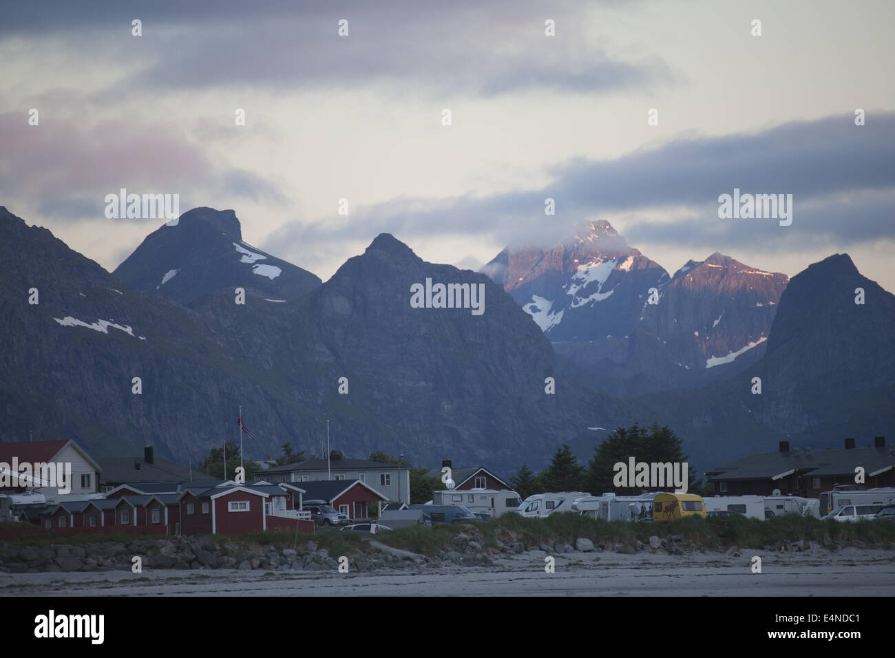 Campsite midsummer night, Ramberg, Norway Stock Photo