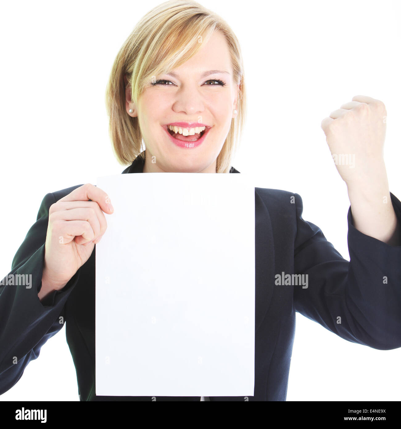 Jubilant woman with blank sheet of paper Stock Photo