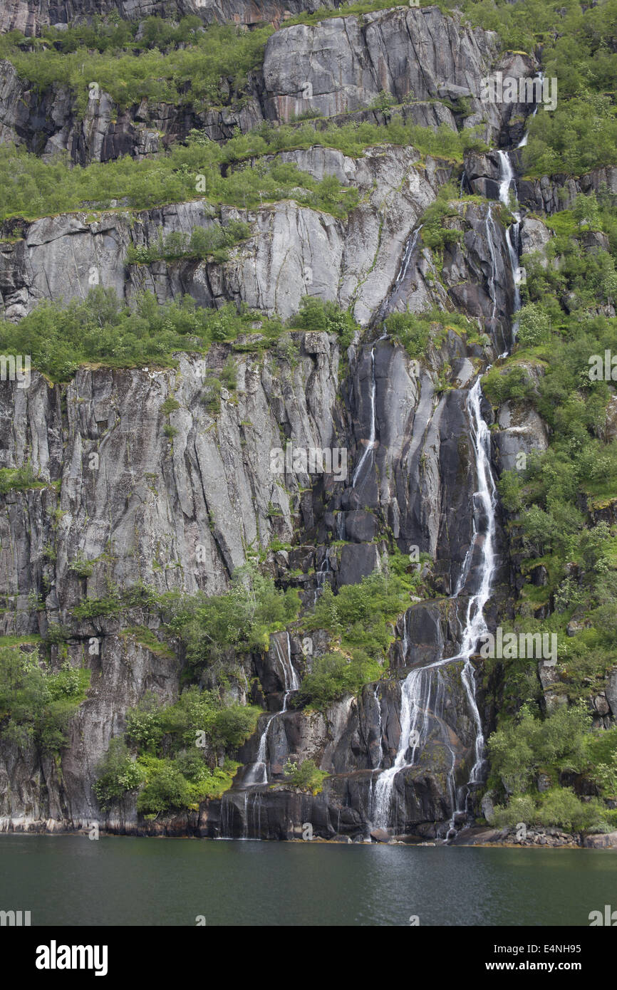 Waterfall Trollfjord, Lofoten Islands, Norway Stock Photo