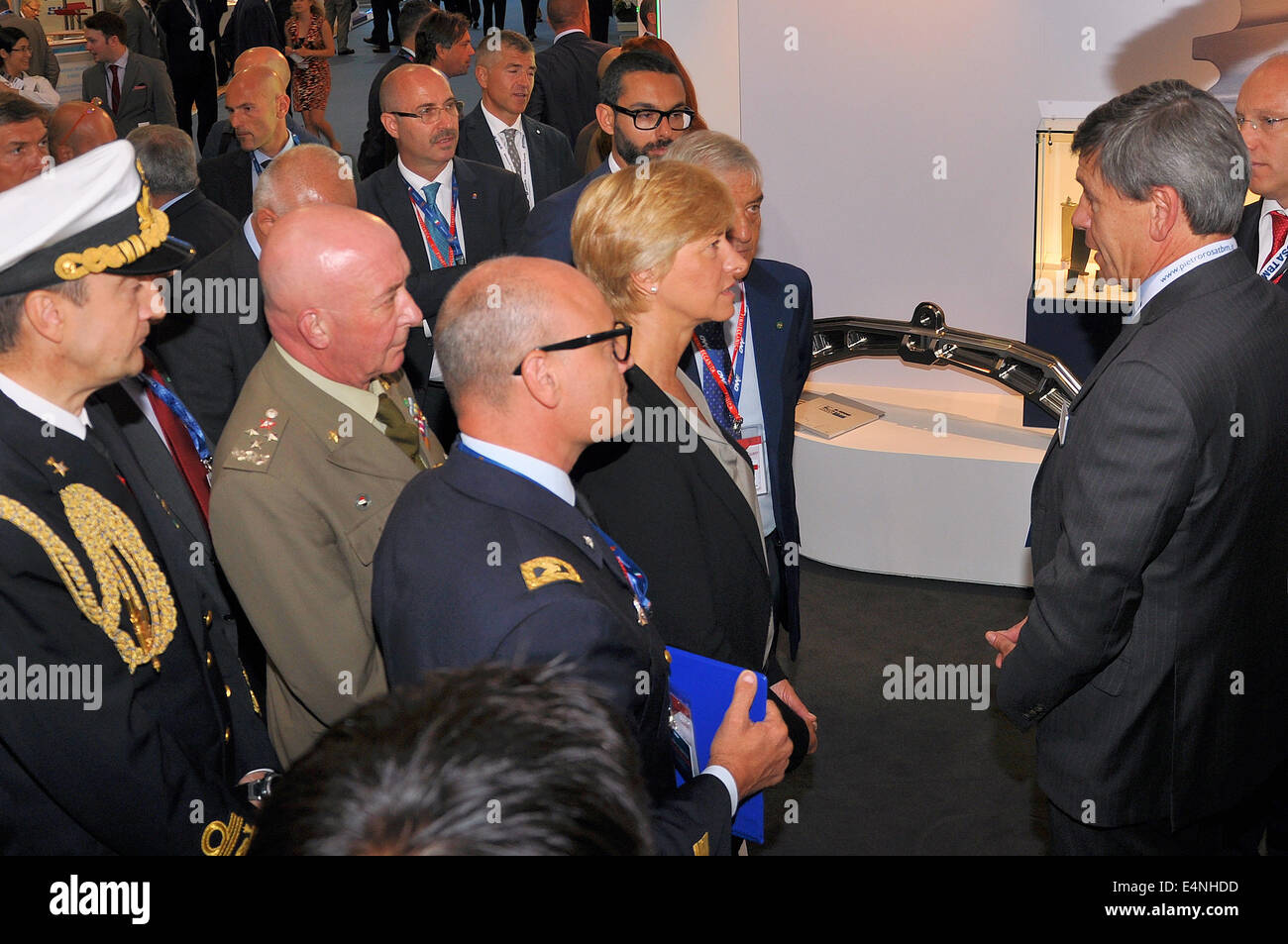 Government and military representatives visit a trade stand at the Farnborough International Airshow. Business arms fair meeting. Military attache Stock Photo