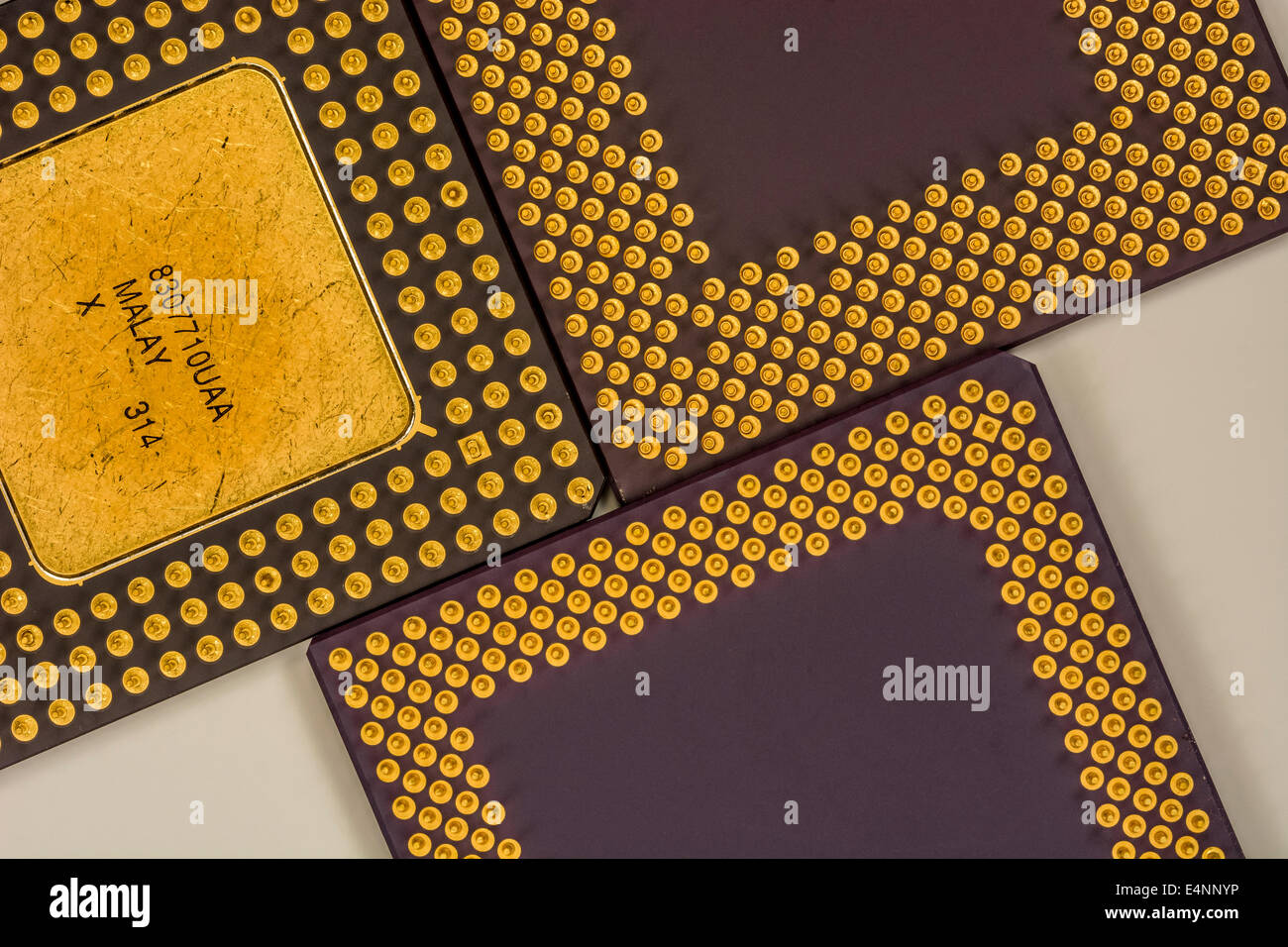 Legacy Intel / AMD PC processors showing gold pinout (staggered PGA