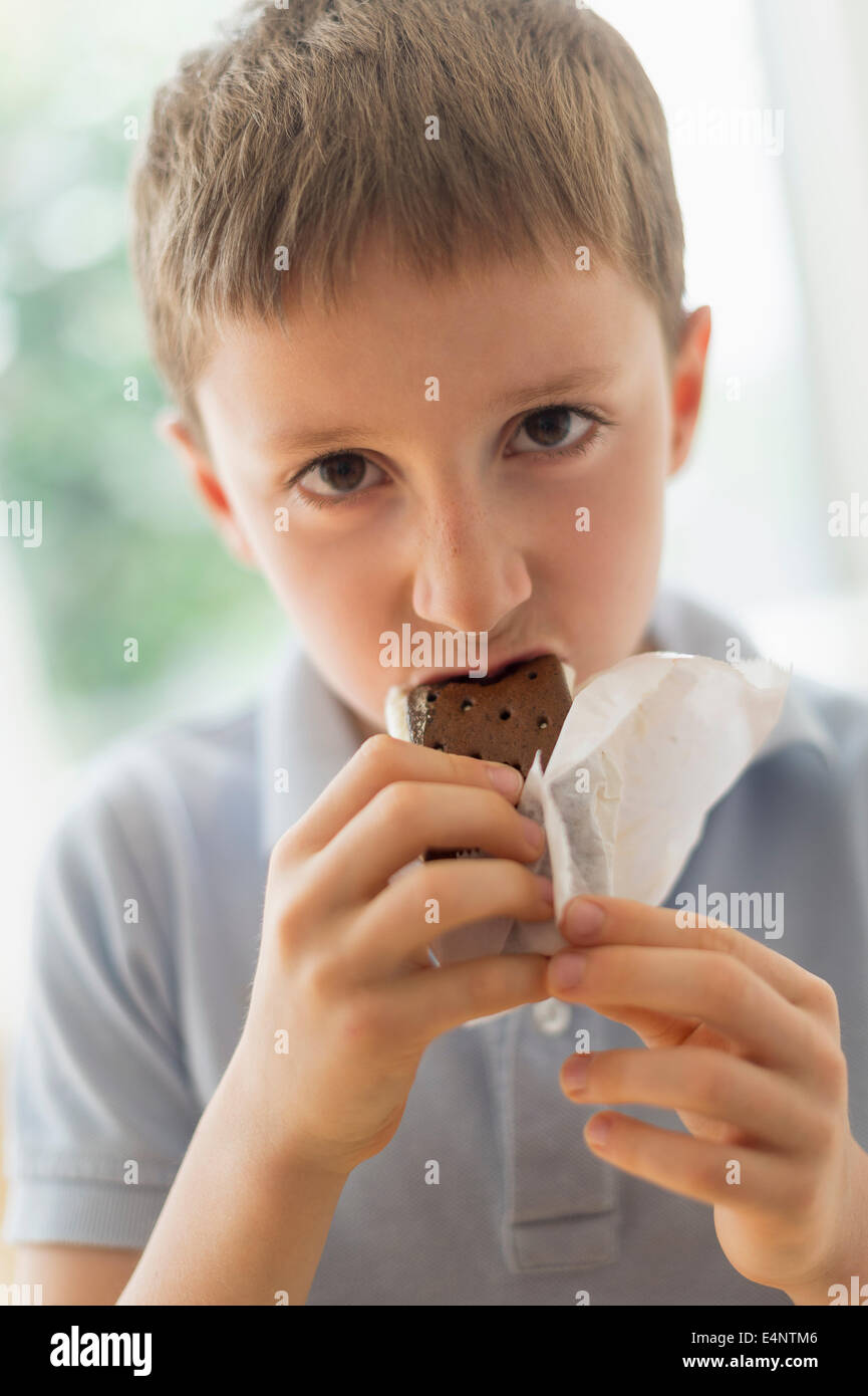 Boy (8-9) eating ice cream sandwich Stock Photo
